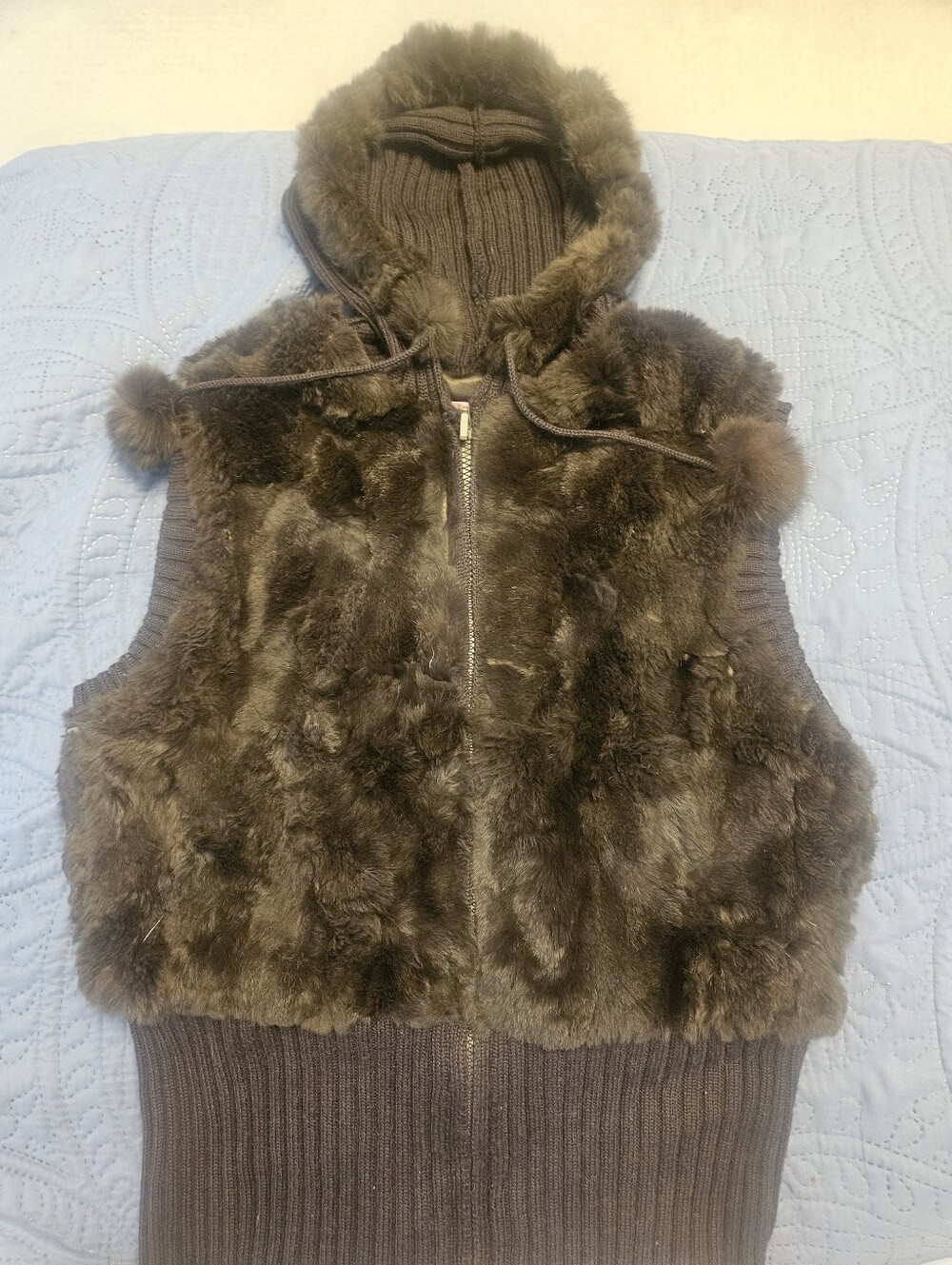 Eastside Westside Vintage Y2K Genuine Rabbit Fur Hooded Knit Vest Brown - S